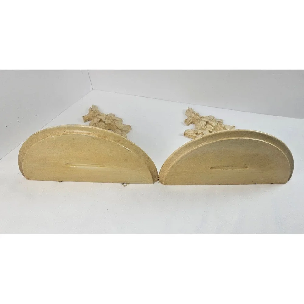 Vintage Pair Carved Wood Floral Wall Shelves Cream Distressed Hanging Display
